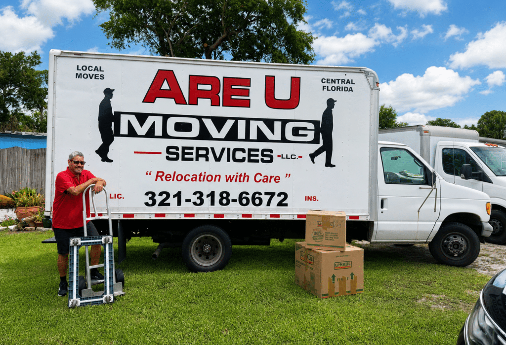 ARE U MOVING SERVICES moving truck with crew and boxes